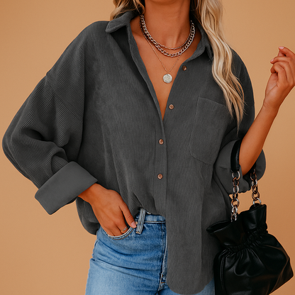 Corduroy knit jacket for women with rib-knit details, relaxed fit, and earth-tone colors, ideal for everyday wear across all seasons.