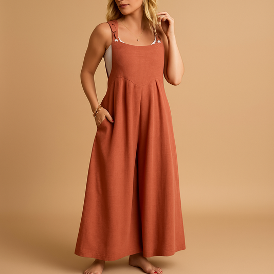 Woman wearing a loose-fit cotton overall with adjustable straps, designed for breathable comfort and casual summer outings.