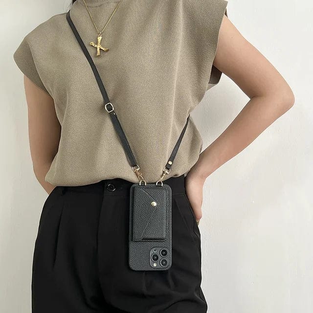Leather Phone Crossbody Case With Lanyard Card Holder