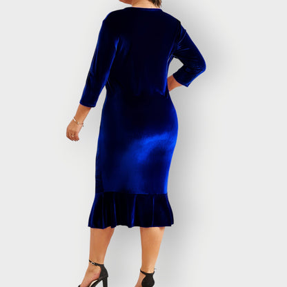 Women's Velvet Midi Dress Ruffle Detail Navy