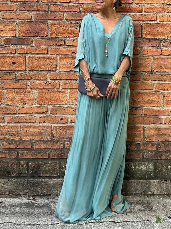 Women's V-Neck Jumpsuit Wide Leg Batwing Sleeve Olive