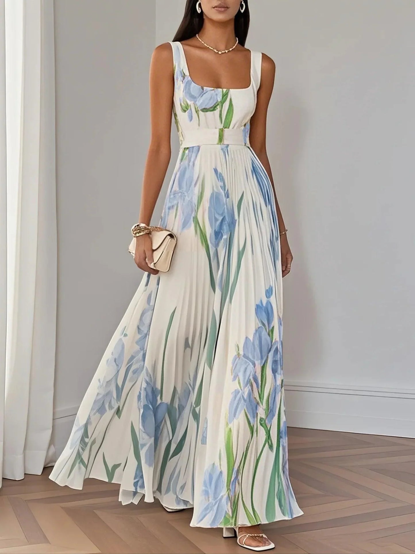 Women's White Floral Maxi Dress Pleated