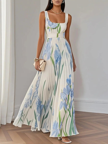 Women's White Floral Maxi Dress Pleated