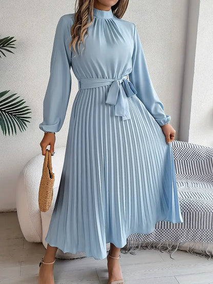 Women's Pleated Midi Dress Belted Waist - Vonnera