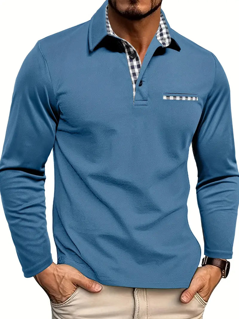 Men's Long Sleeve Polo Shirt Contrast Collar Pocket