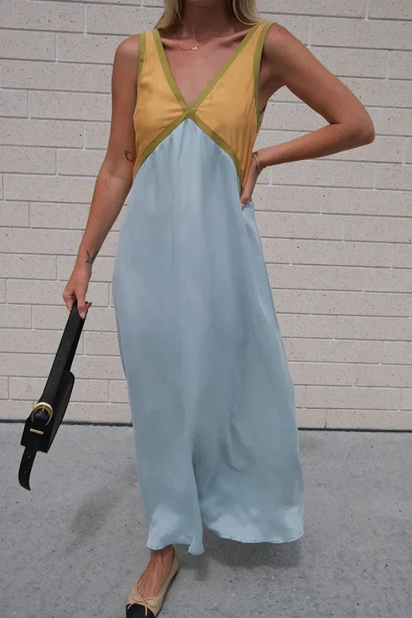 Stylish V-neck Colorblock Dress Elegant