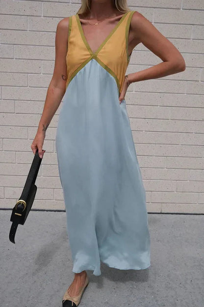 Stylish V-neck Colorblock Dress Elegant