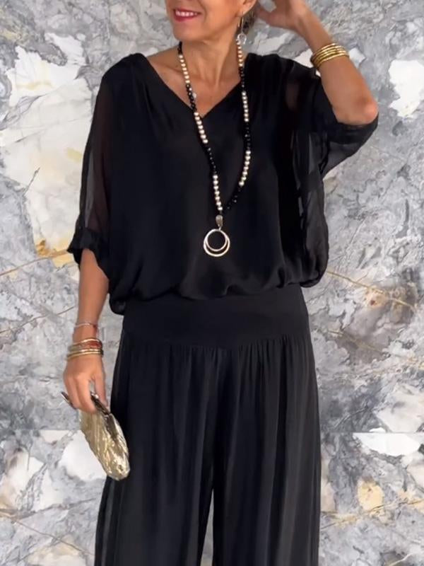 Olive | Women's V-Neck Batwing Sleeve Wide Leg Jumpsuit 2 Piece
