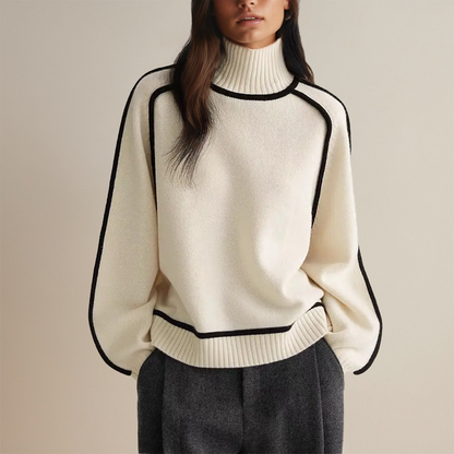Women's Oversized Turtleneck Sweater Contrast Sleeve Trim