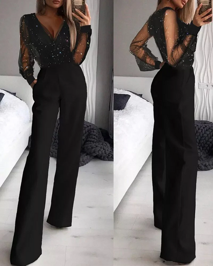 Women's Shimmering Knit Jumpsuit Long Sleeve Wide Leg Autumn