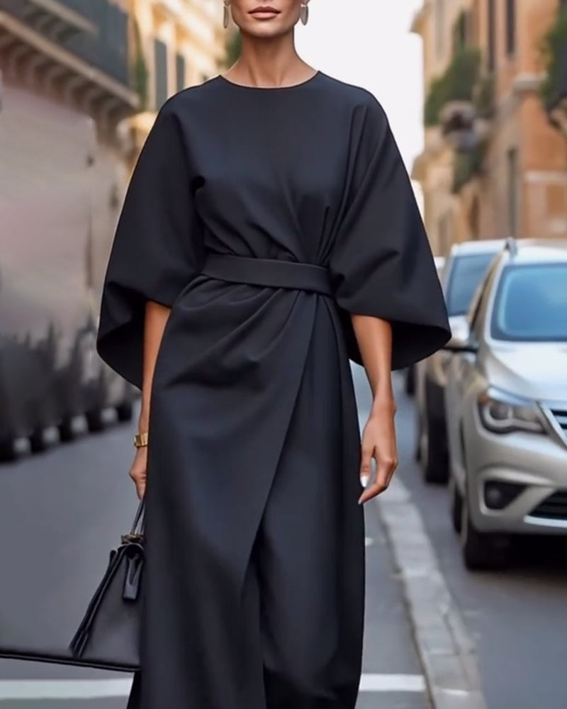 Women's Elegant Lantern Sleeve Dress with Belt