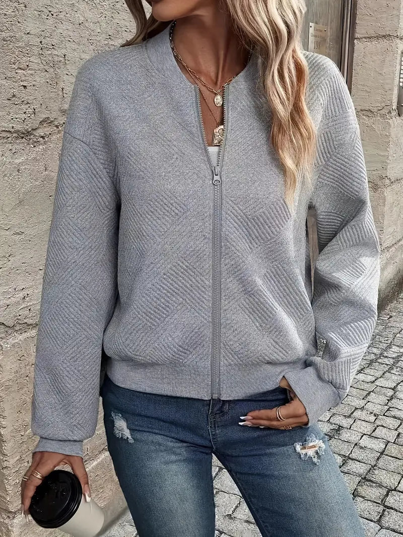 Women's Zip-Up Cardigan Textured Ribbed Long Sleeve