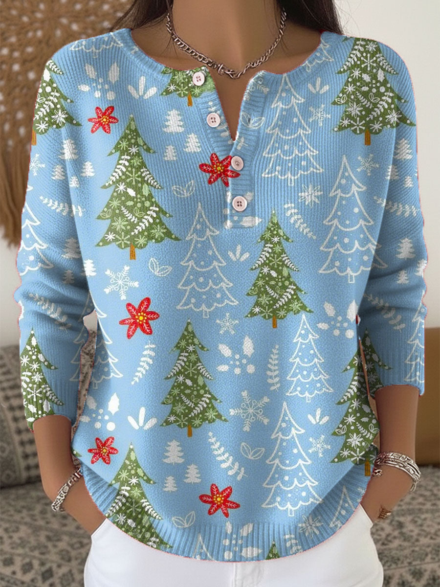 Women's Holiday Print Blouse Button Front