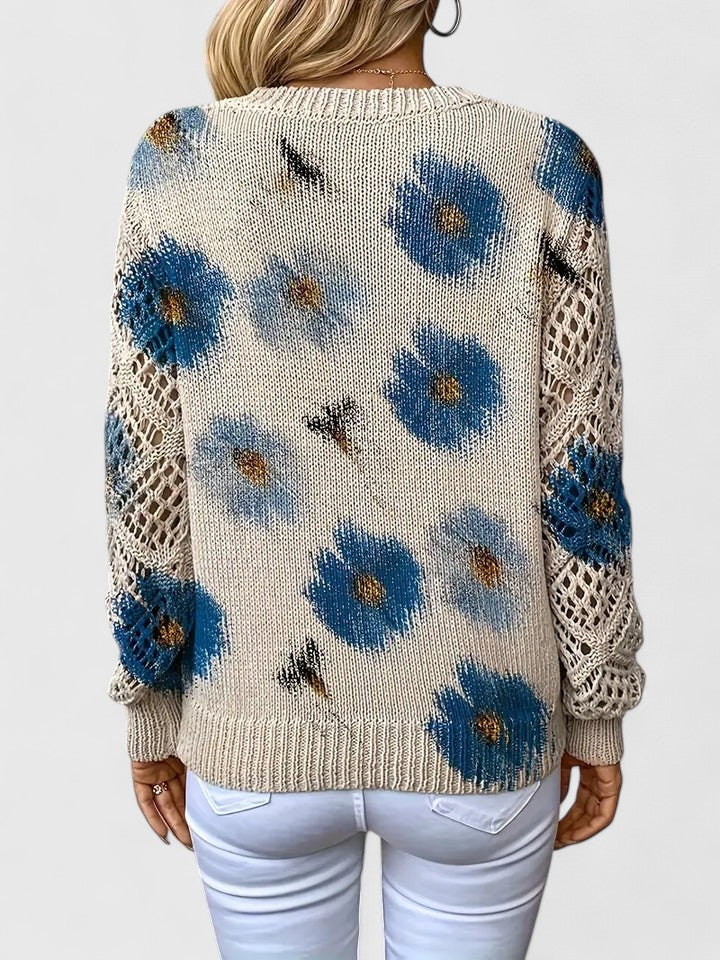 Women's V-Neck Crochet Sweater Floral