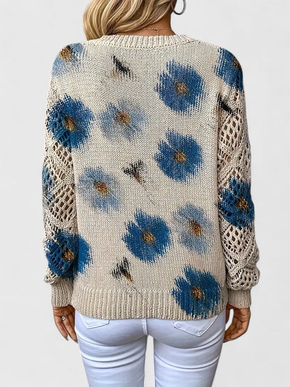 Women's V-Neck Crochet Sweater Floral