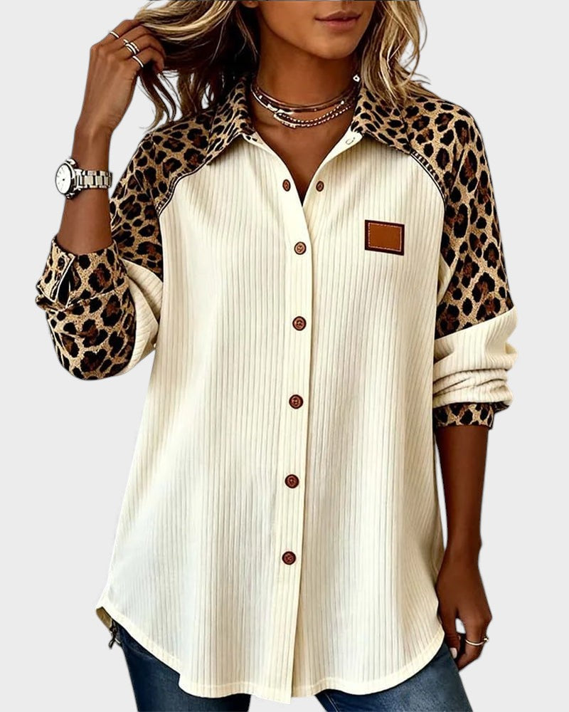 Women's Leopard Print Long Sleeve Button-Down Shirt - Vonnera