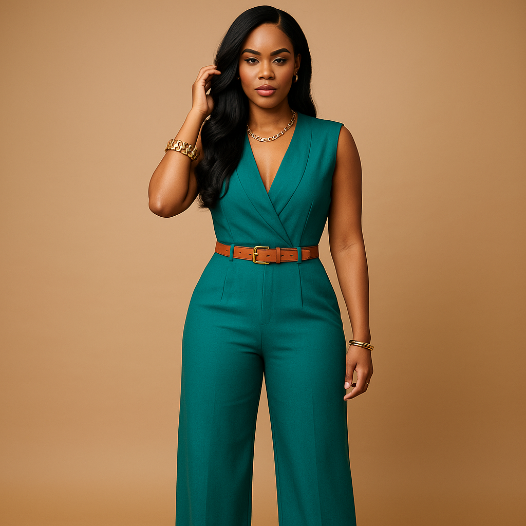 Woman wearing a deep V-neck high-waist jumpsuit with a flowing, flattering silhouette, perfect for evenings out and special occasions.