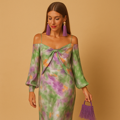 Deep V-neck maxi dress for women with halo dye print and flowing silhouette, perfect for summer weddings, beach parties, and vacations.