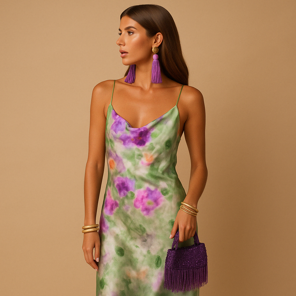 Deep V-neck maxi dress for women with halo dye print and flowing silhouette, perfect for summer weddings, beach parties, and vacations.