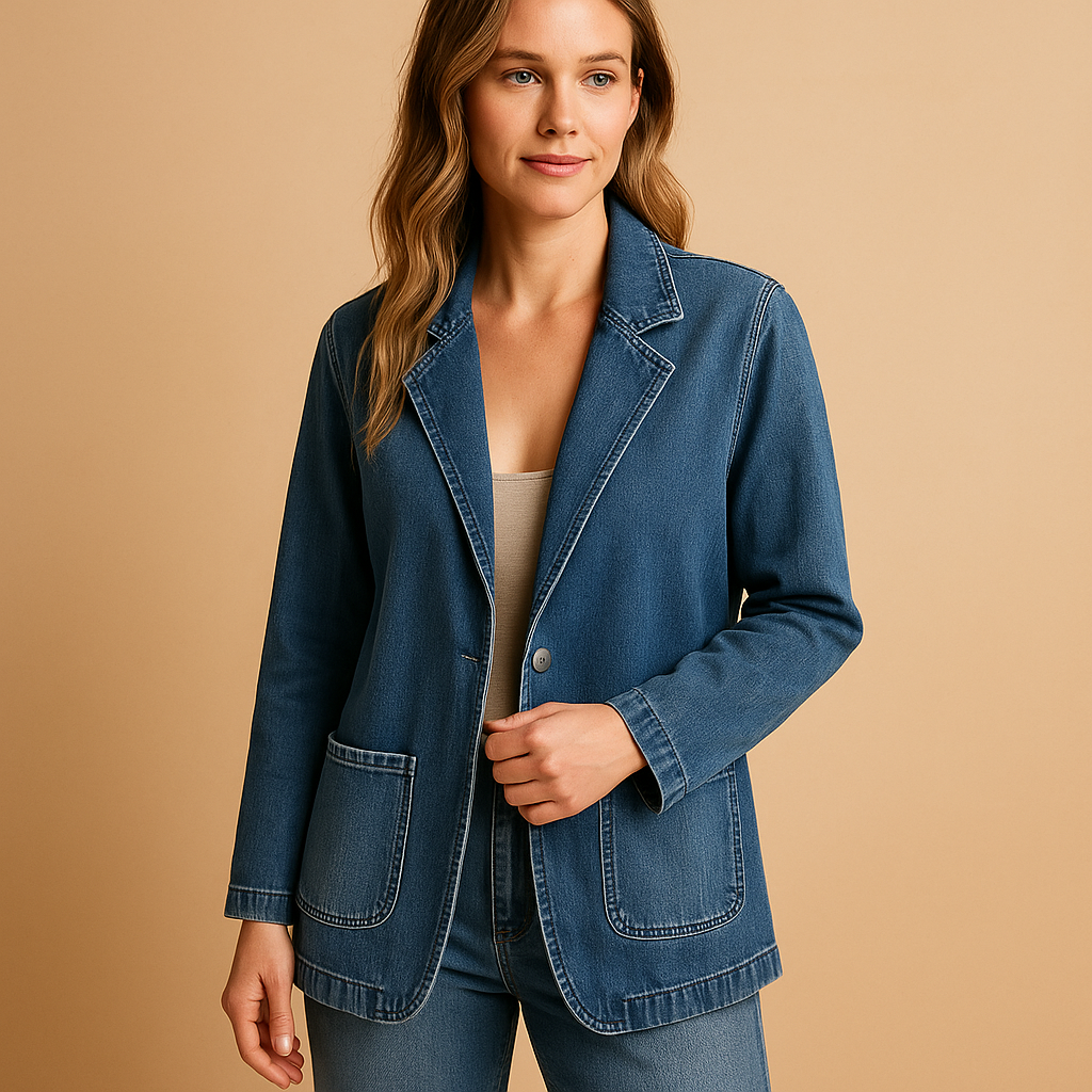 Women’s denim blazer with a tailored fit and classic lapel collar in denim blue, ideal for work, casual wear, and stylish gatherings.