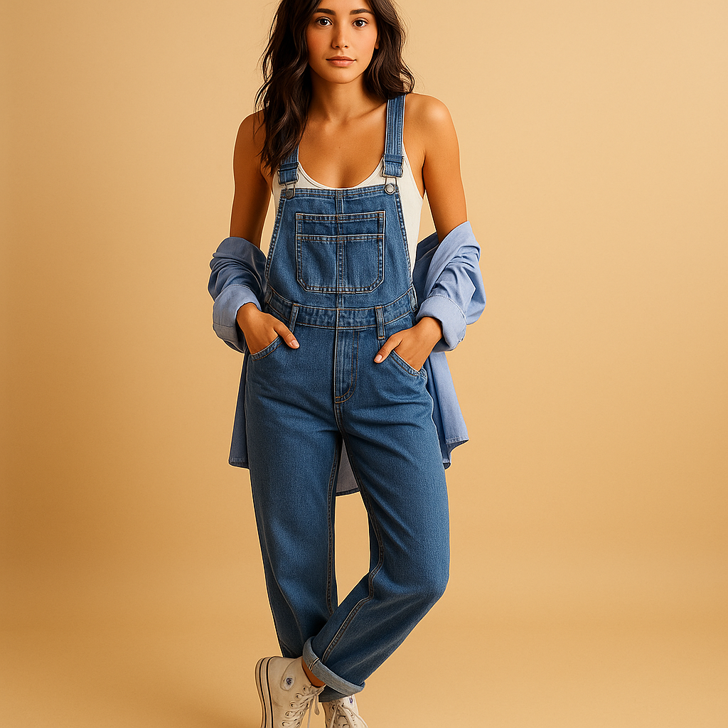 Woman wearing a relaxed denim overall with adjustable straps, styled for casual everyday wear.