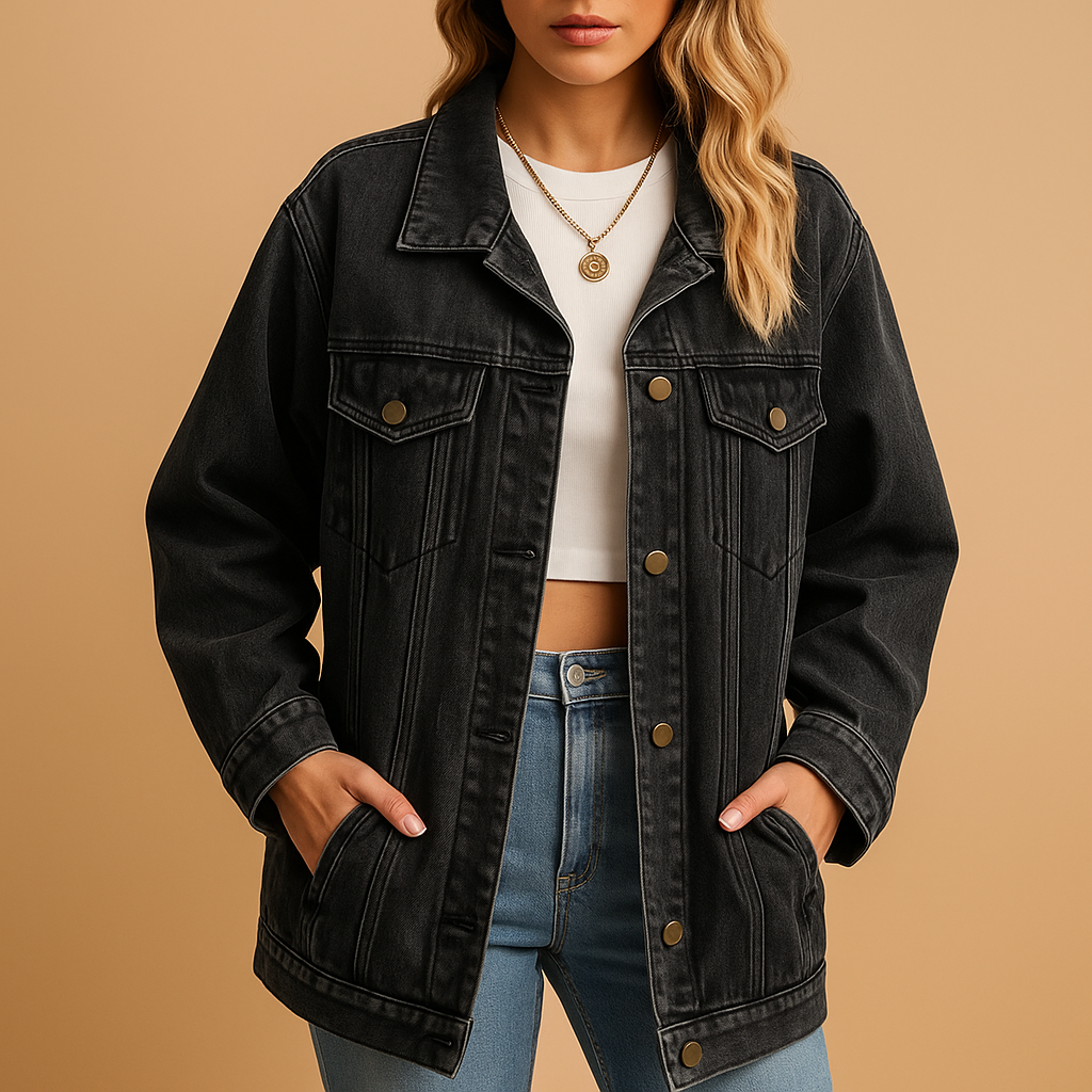 Denim winter coat for women with button closure, slim fit, and warm finish in classic denim blue.