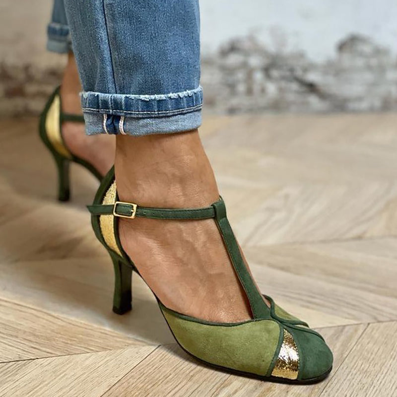 Women's Patchwork T-Strap Heels Closed Toe - Vonnera