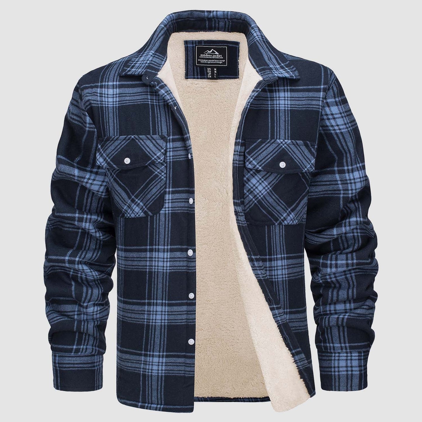 Men's Flannel Shirt Jacket Fleece Lined Cotton Warm Navy