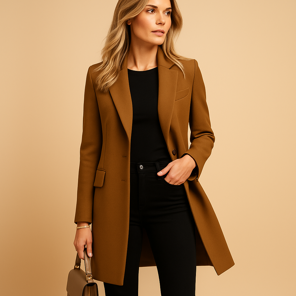 Woman wearing a tailored double-breasted trench coat with classic detailing, ideal for work, formal occasions, and stylish everyday outfits.