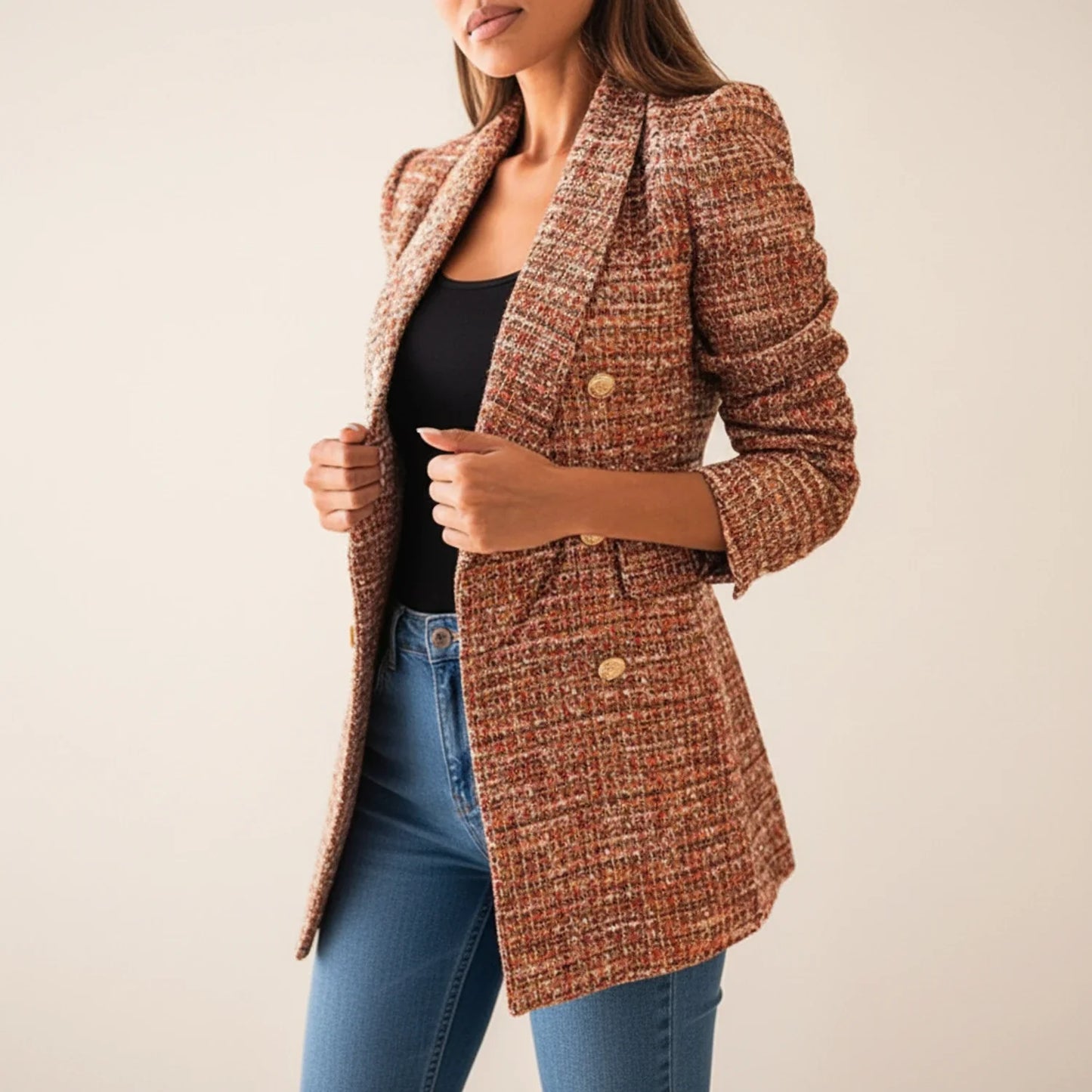 Women's Double Breasted Blazer Longline Wool Black - Vonnera