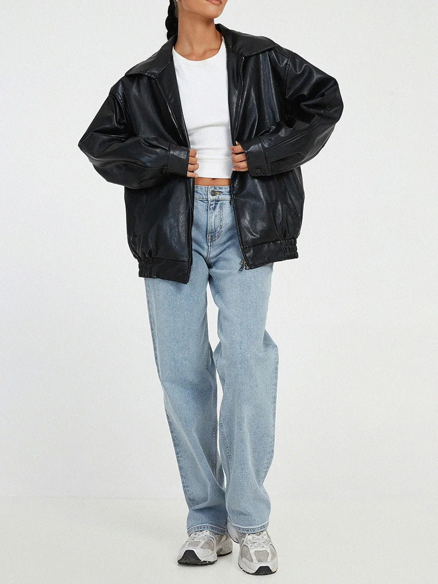 Women's Leather Bomber Jacket Oversized Zipper Black - Vonnera