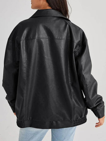 Women's Leather Bomber Jacket Zipper Front Black