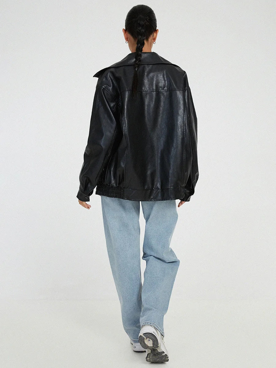 Women's Leather Bomber Jacket Oversized Zipper Black