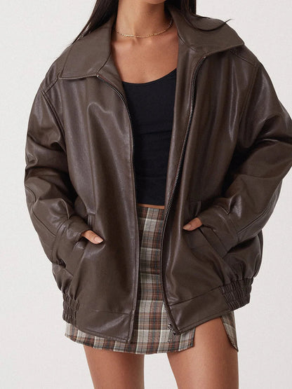 Women's Leather Bomber Jacket Oversized Zipper Black