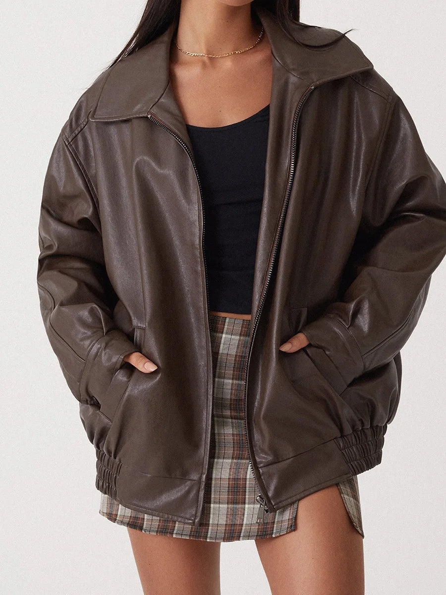 Women's Leather Bomber Jacket Zipper Front Black