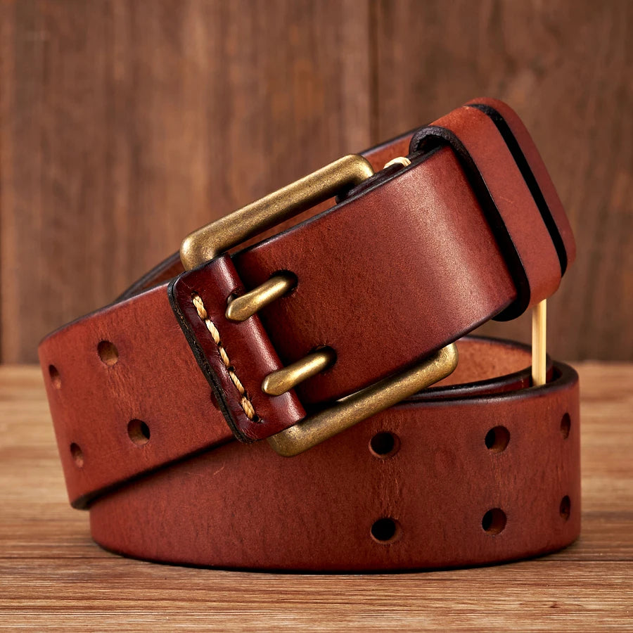 Lancaster Men's Leather Belt Double Pin Vintage Design