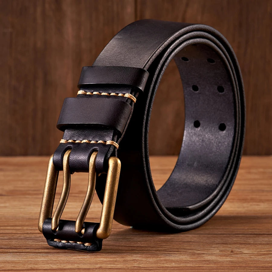 Lancaster Men's Leather Belt Double Pin Vintage Design