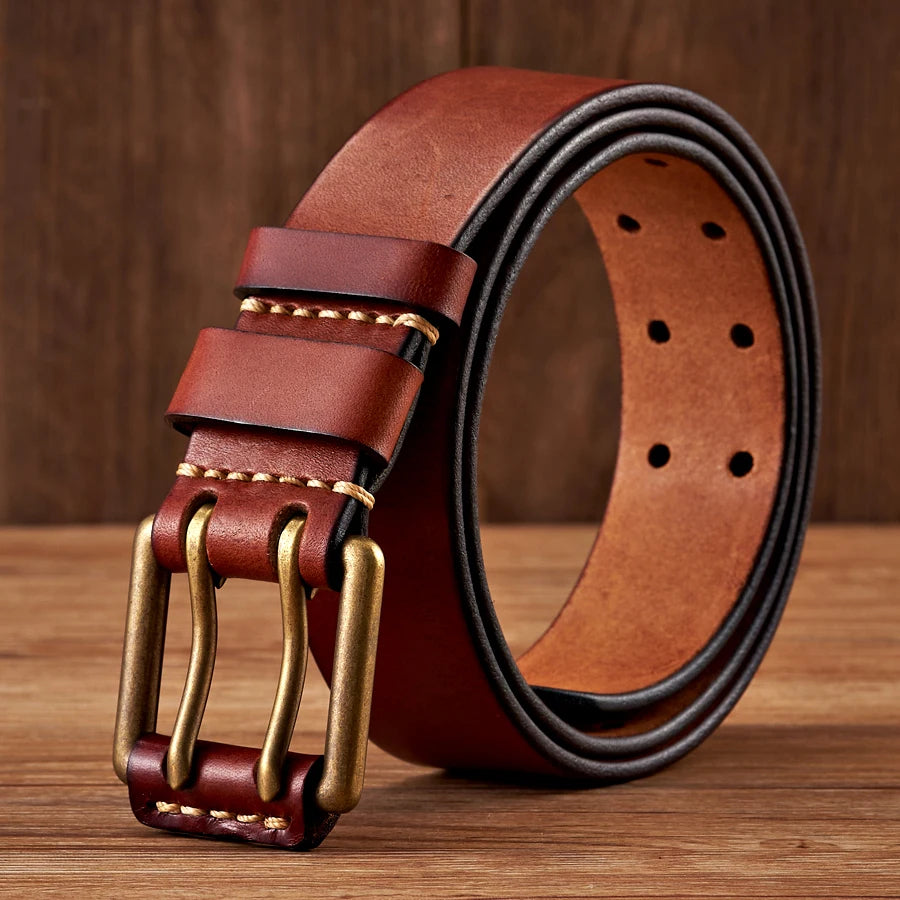 Lancaster Men's Leather Belt Double Pin Vintage Design - Vonnera