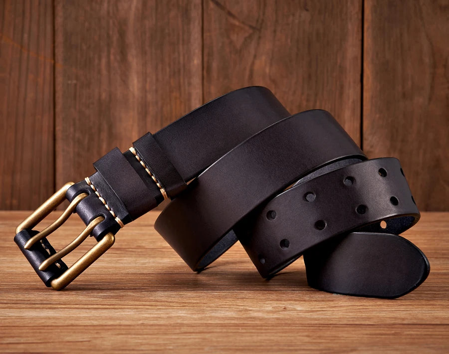 Lancaster Men's Leather Belt Double Pin Vintage Design
