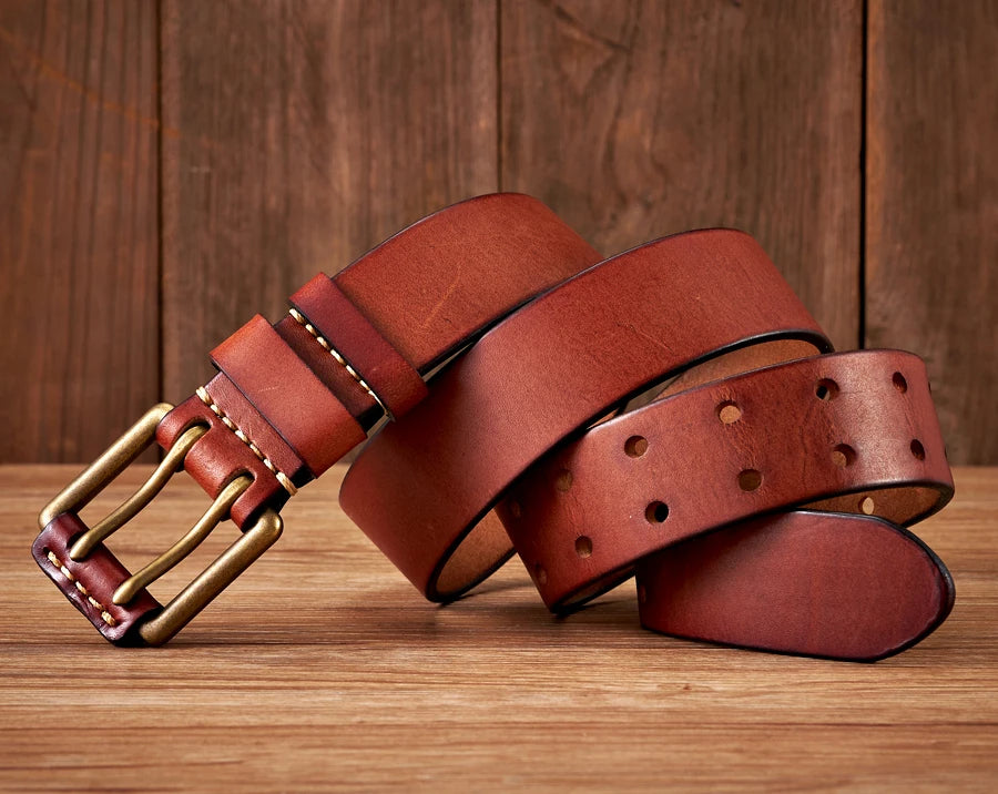 Lancaster Men's Leather Belt Double Pin Vintage Design
