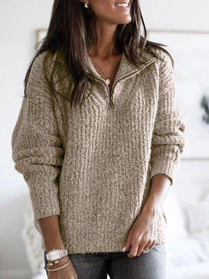 Women's Relaxed Fit Sweater Textured Knit Stand Collar Beige