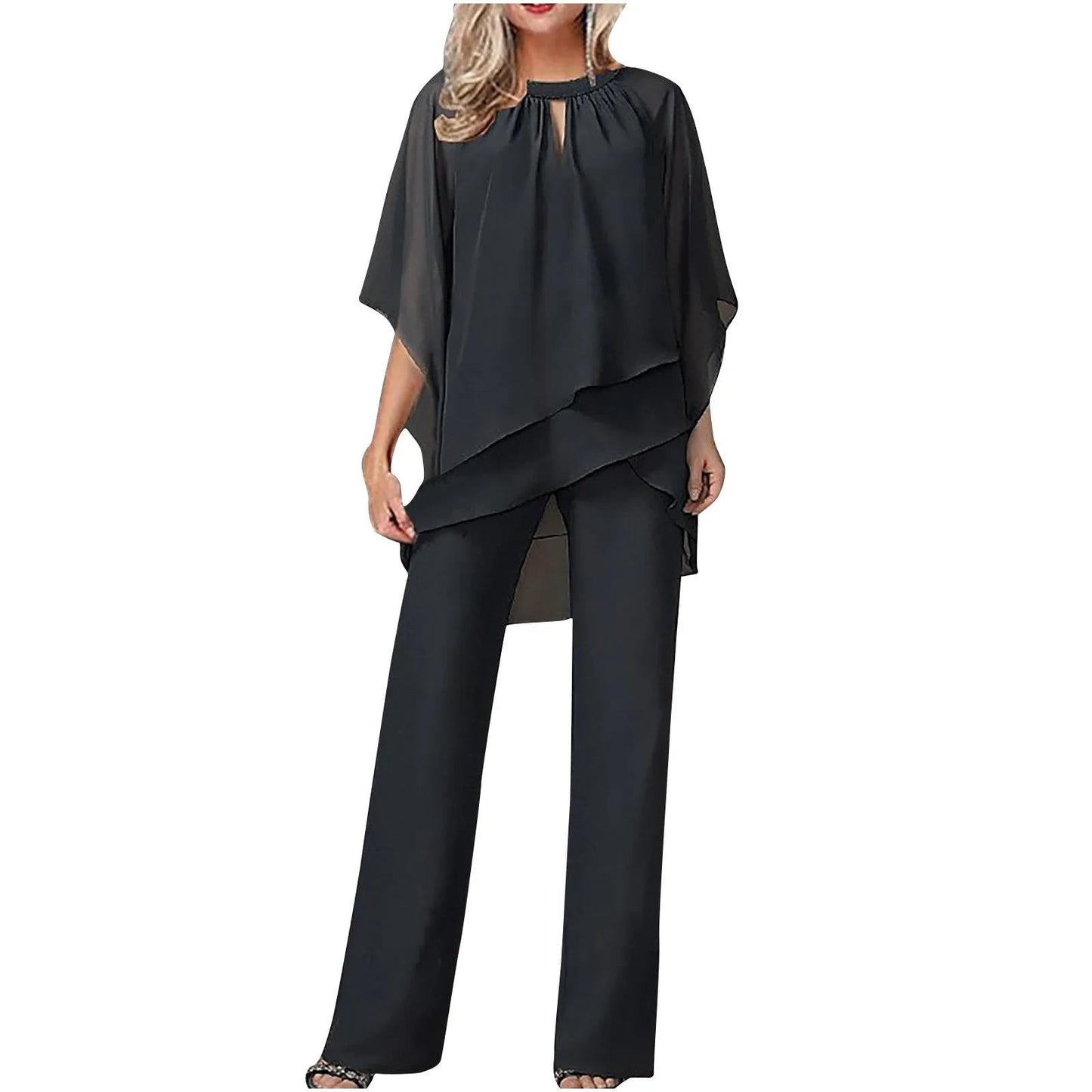 Vivienne Women's Wide Leg Pantsuit Chiffon Batwing Sleeves