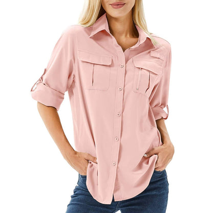 Women's Long Sleeve Hiking Shirt UPF 50 Roll-Up Safari Style - Vonnera
