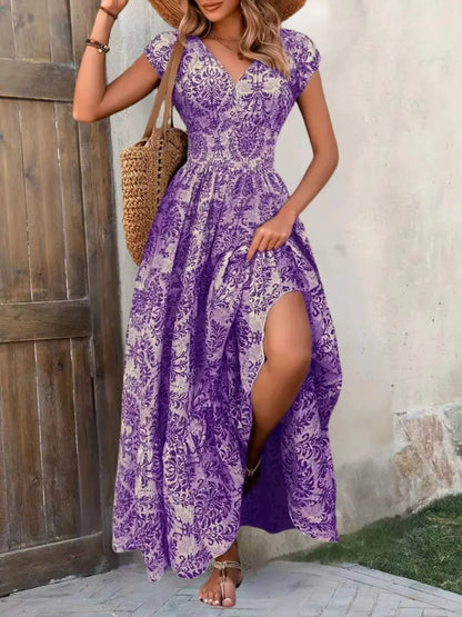 Women's Boho Maxi Dress Smocked Tiered Print