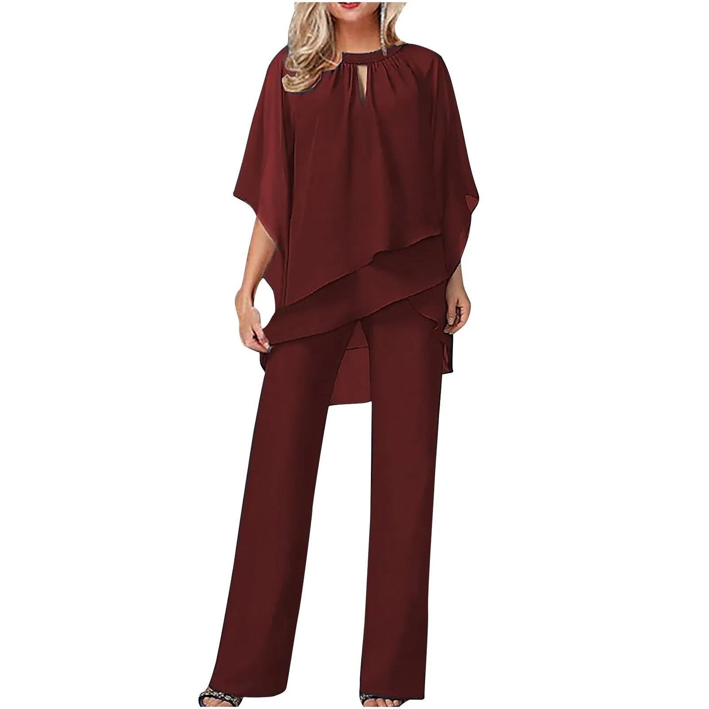 Vivienne Women's Wide Leg Pantsuit Chiffon Batwing Sleeves