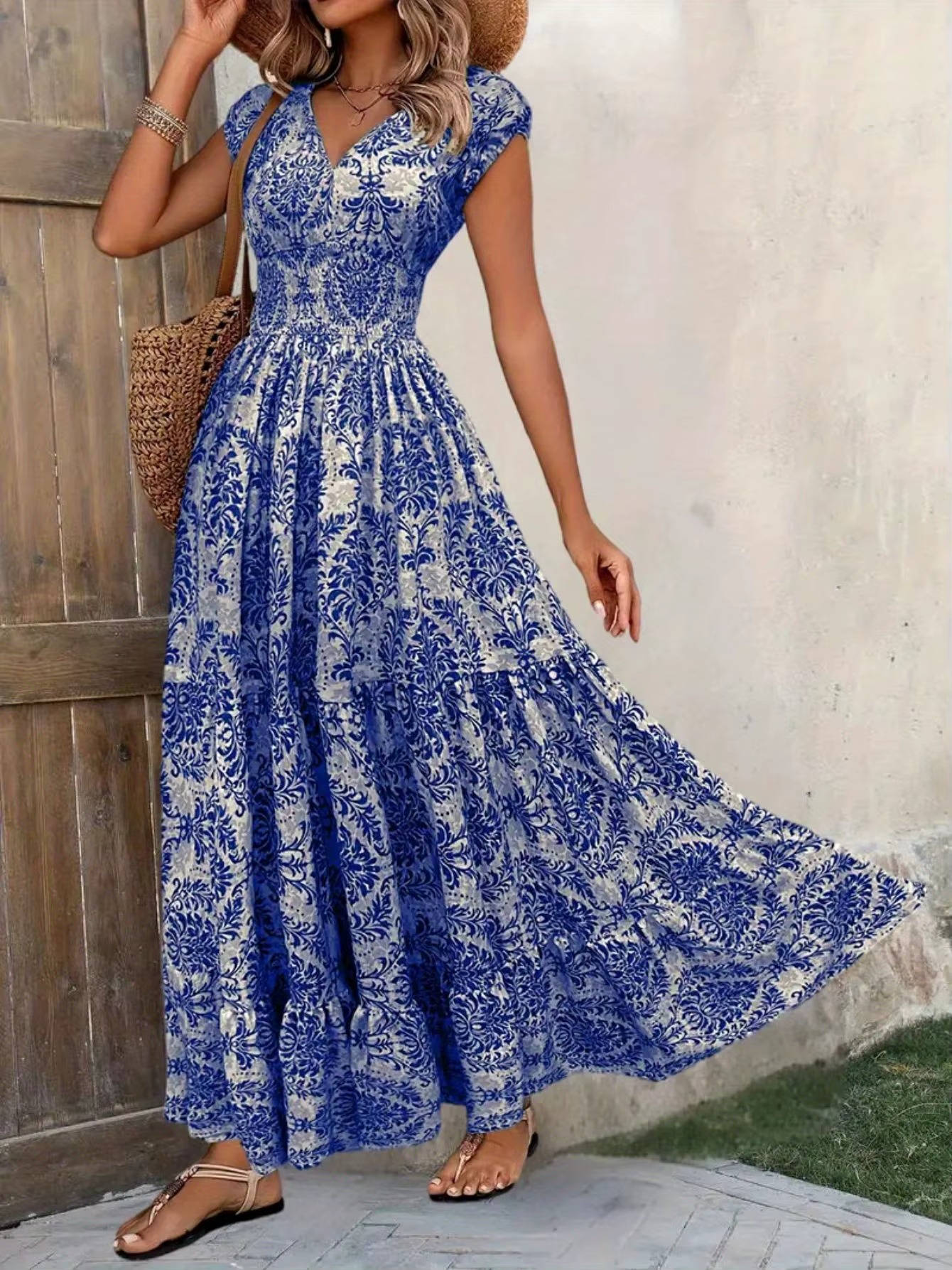 Women's Boho Maxi Dress Smocked Tiered Print