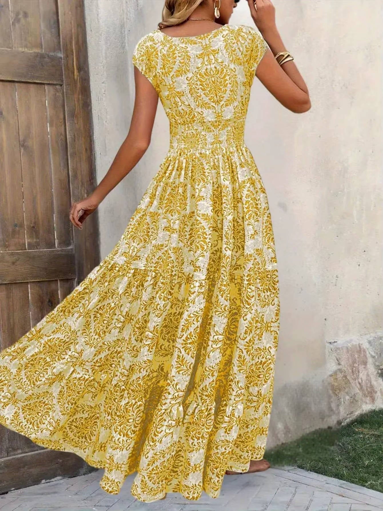 Women's Boho Maxi Dress Smocked Tiered Print