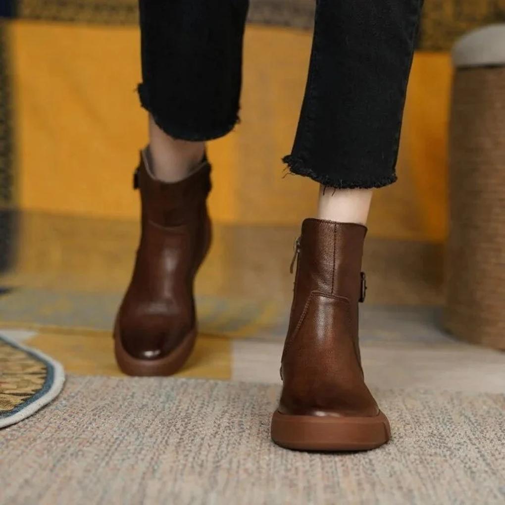 Women's Ankle Boots Retro Style Leather Brown - Vonnera