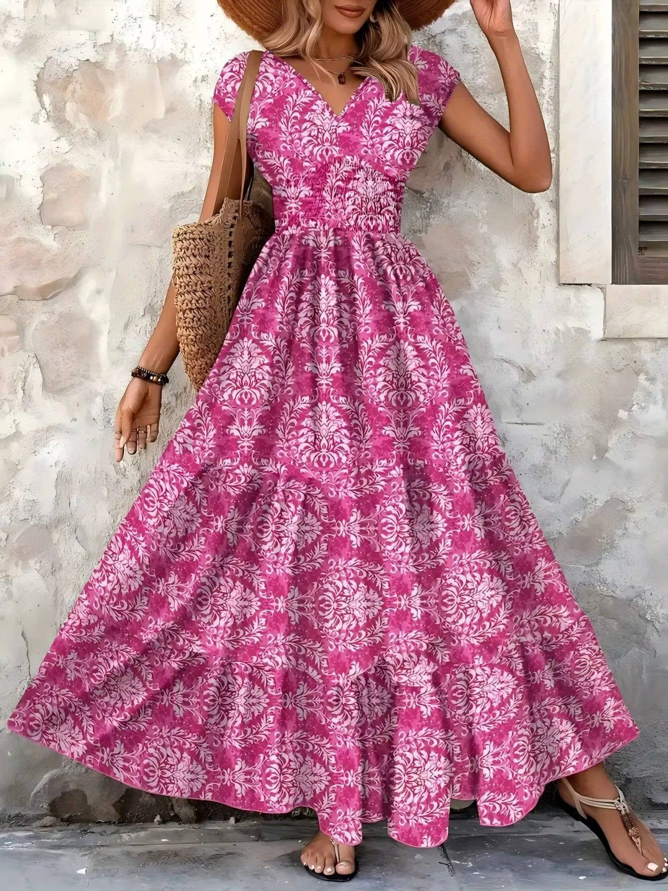 Women's Boho Maxi Dress Smocked Tiered Print