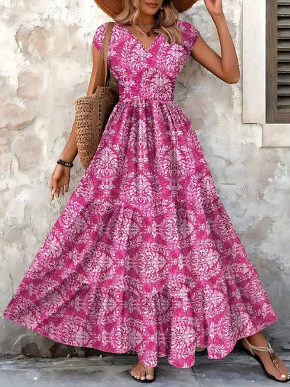 Women's Boho Maxi Dress Smocked Tiered Print